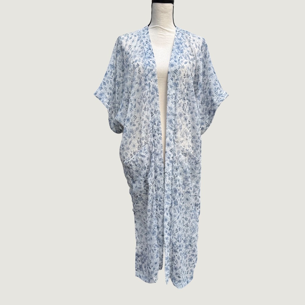 Rachel Zoe Blue White Floral Duster Kimono Open Front Pocket Cover Up One Size